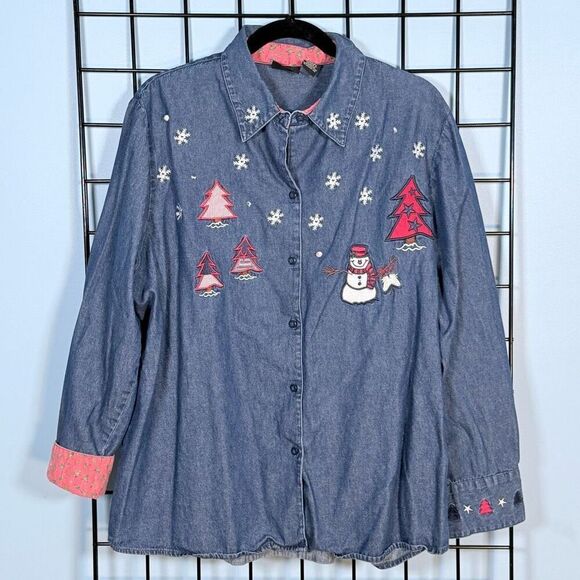 Vintage Christmas Winter‎ Denim LS Blouse Womens 1X Blue Snow Flake Pop Cuff - Picture 1 of 10